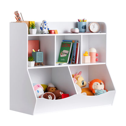Wood Kid Storage Cubby, Toy Storage Organizer with Bookshelf, 5-Cubby Wood Toy Storage Cabinet, Children Book Toy Shelf, Kindergarten, White