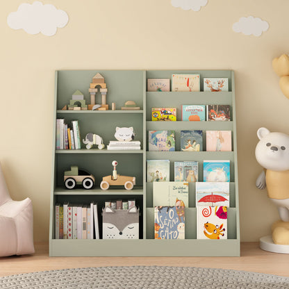 Kids Bookshelf and Toy Storage Organizer, Multifunctional 4 Tier Wooden Kids Book Shelf with  Bookcase Display Stand in Kids Room Playroom Nursery for Kids, Children, Toddlers (Sage)