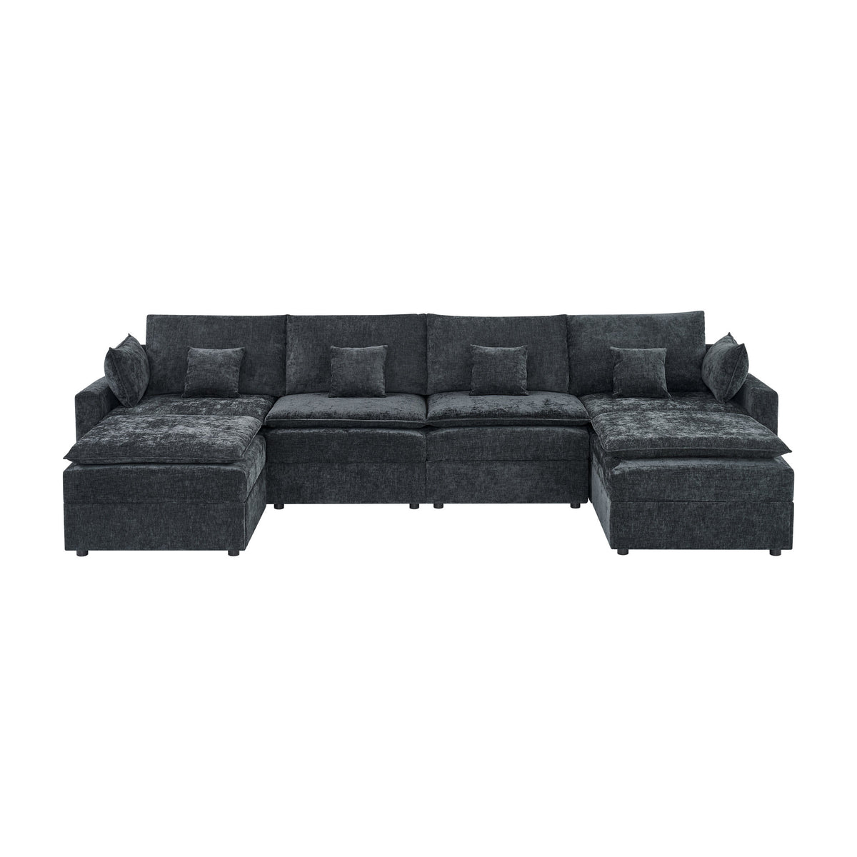 132' Cloud Modular Sectional Sofa, Deep Seat U Shaped Couch with Ottoman, Chenille Upholstered Sofa with Chaise, Plush Cushions, 6 Seat Modern Comfy Couch for Living Room & Apartment, Black
