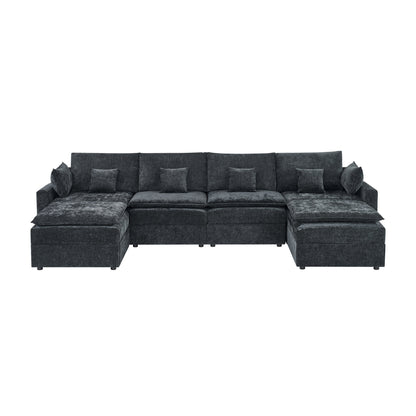 132' Cloud Modular Sectional Sofa, Deep Seat U Shaped Couch with Ottoman, Chenille Upholstered Sofa with Chaise, Plush Cushions, 6 Seat Modern Comfy Couch for Living Room & Apartment, Black