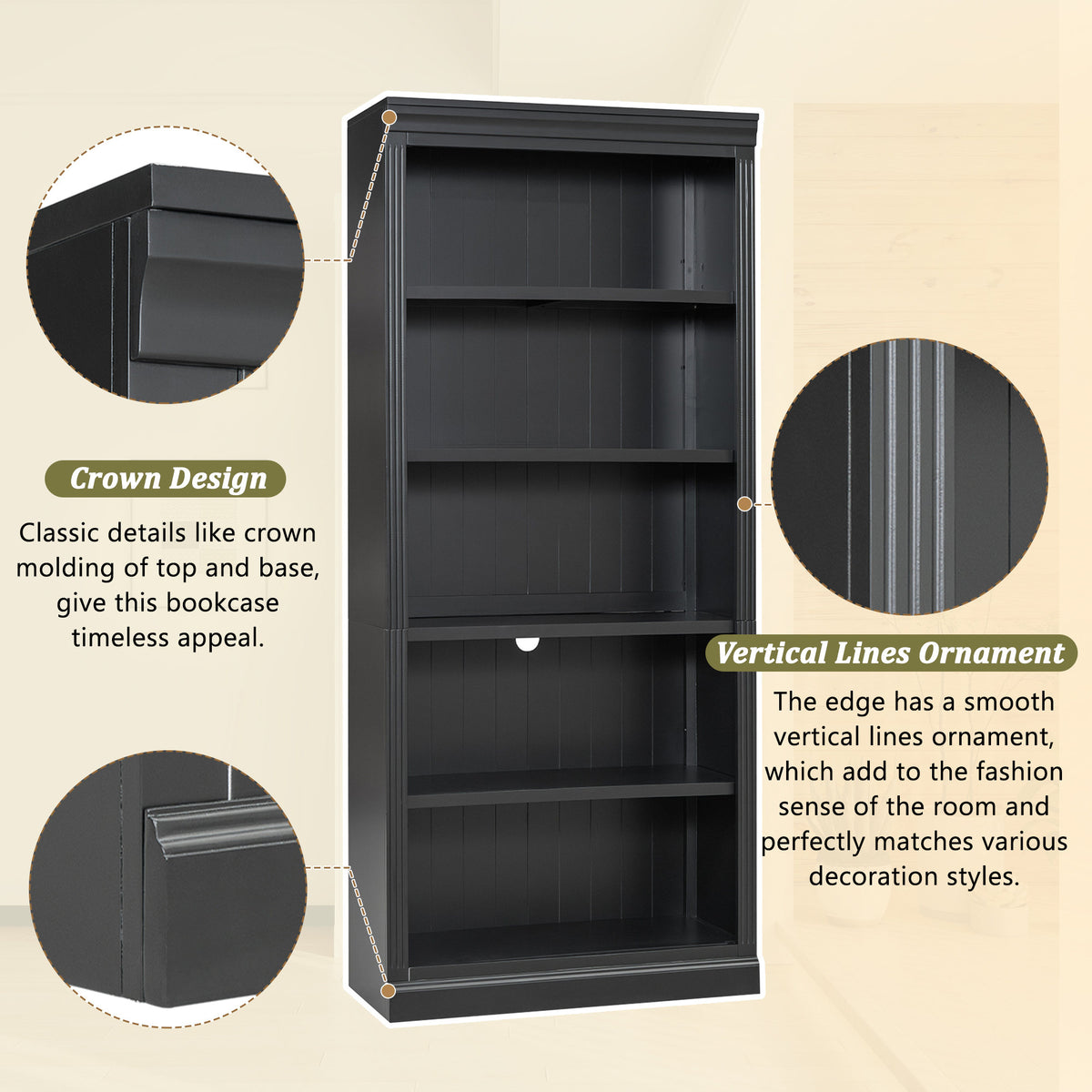 83.4' Tall Wood Bookcase with light strip,5-Tier Decor Bookshelves with Adjustable Shelves,Storage Organizer for CDs/Books/Movies,Free Standing Storage Shelves for Living Room,Home Office,Black