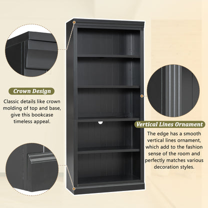 83.4' Tall Wood Bookcase with light strip,5-Tier Decor Bookshelves with Adjustable Shelves,Storage Organizer for CDs/Books/Movies,Free Standing Storage Shelves for Living Room,Home Office,Black