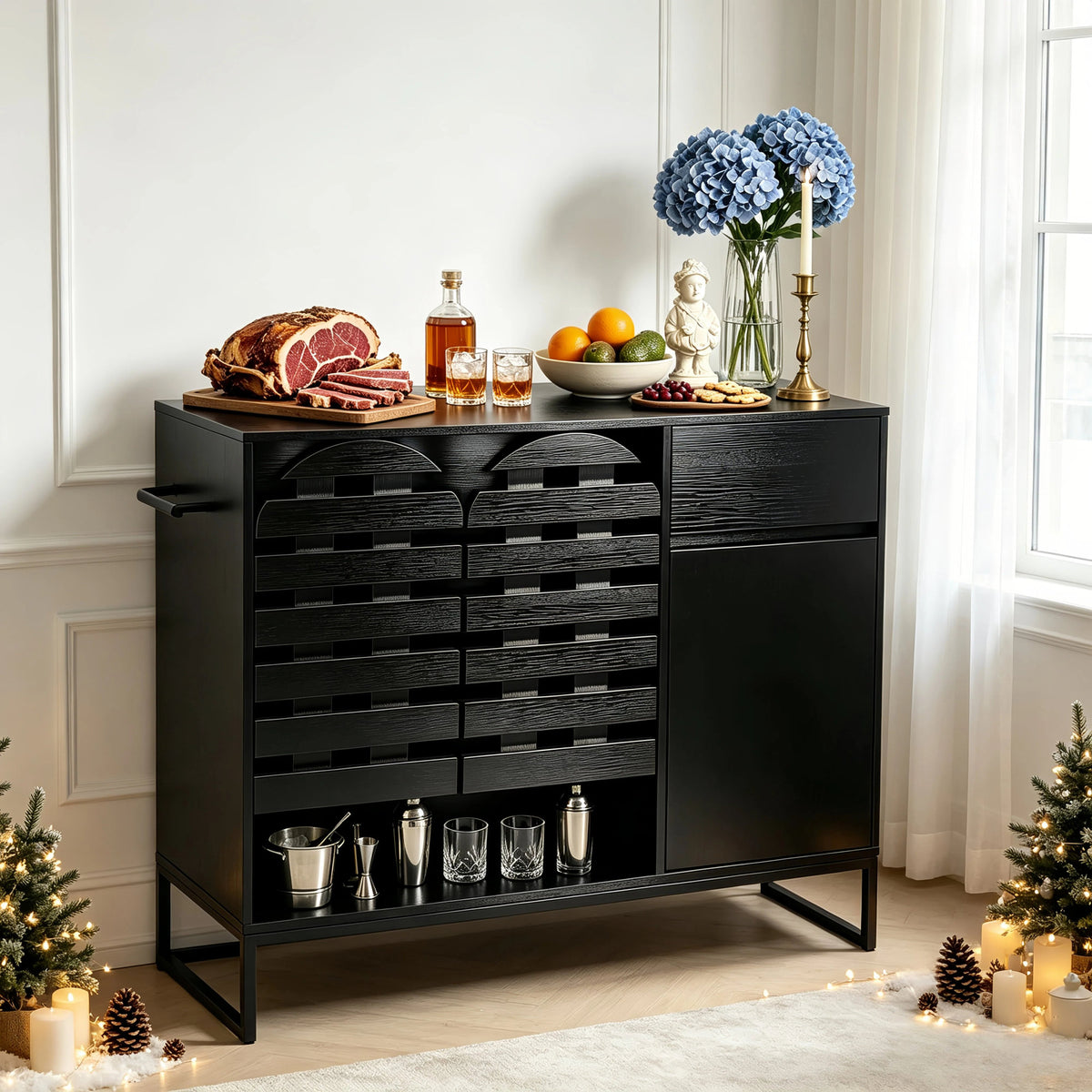 Buffet Cabinet with Storage: 44.49"Black Woven Door Accent Cabinets,with Arched Doors,with Multi layer Adjustable,with Metal Leg,woven door and drawer - for Kitchen Living Dining Room Entryway