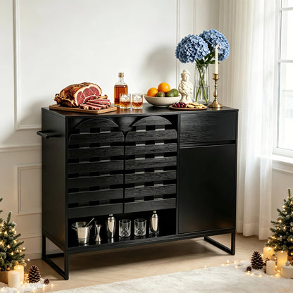 Buffet Cabinet with Storage: 44.49"Black Woven Door Accent Cabinets,with Arched Doors,with Multi layer Adjustable,with Metal Leg,woven door and drawer - for Kitchen Living Dining Room Entryway