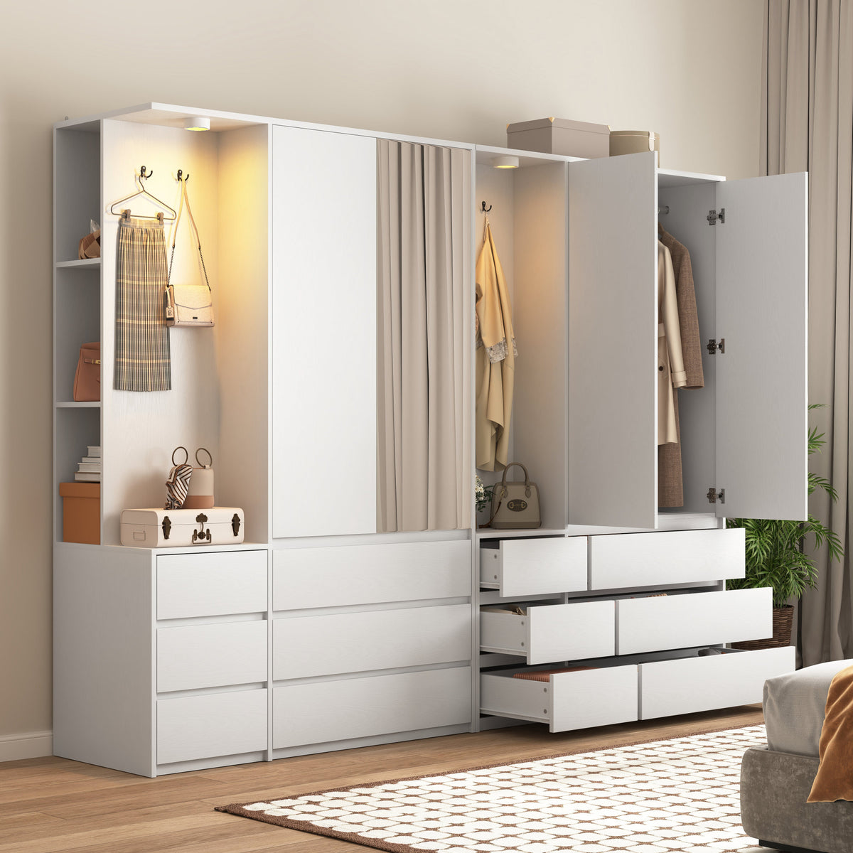 Wardrobe Closet 71.7" H, Bedroom Wooden Wardrobe with 2 Doors 6 Drawers – White