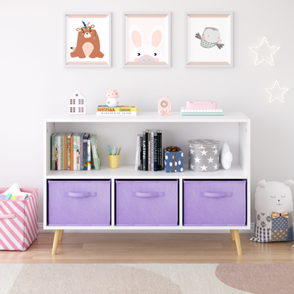 Kids bookcase with Collapsible Fabric Drawers, Children's Book Display, Toy Storage Cabinet Organizer, White/Purple