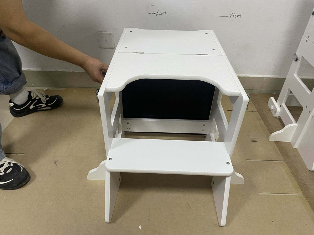 4-in-1 Toddler Kitchen Step Stool,Foldable Learning Standing Tower with Blackboard, Wooden Kitchen Stool Helper for Kids, 1-3 Year Old Boy Girl Gifts(White)