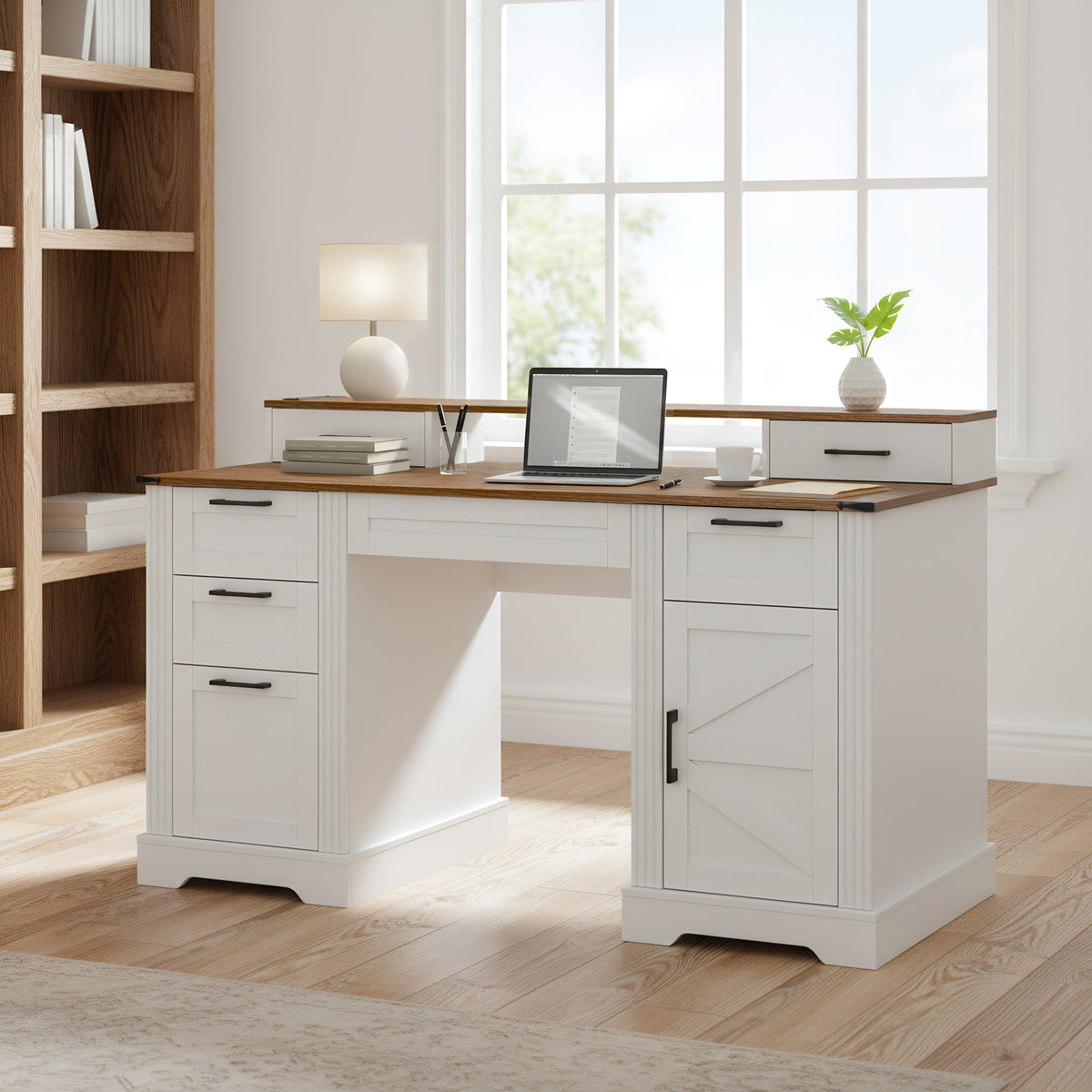 White Farmhouse Office Desk with Charging Station, Monitor Stand & Storage Cabinet, Barn Door Design, MDF, 59.5' L x 21' W x 35.8' H
