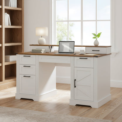White Farmhouse Office Desk with Charging Station, Monitor Stand & Storage Cabinet, Barn Door Design, MDF, 59.5' L x 21' W x 35.8' H