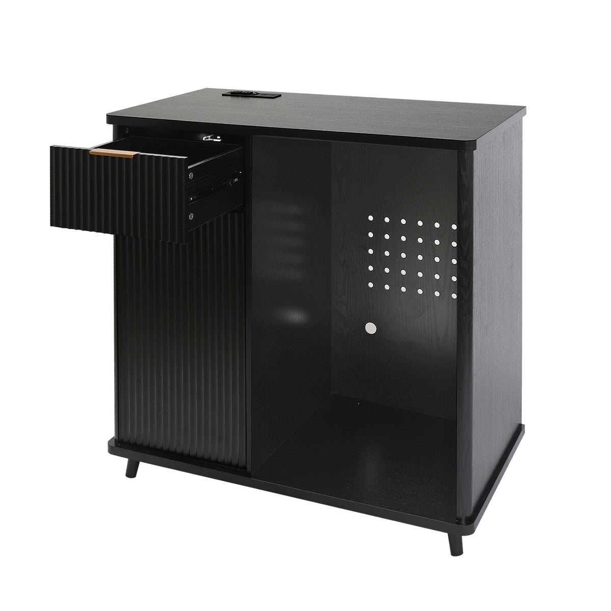 Fluted Coffee Bar Cabinet with Mini Fridge Space & Charging Station, Home Bar Cabinet with Hidden Trash Can Storage & Drawer for Kitchen, Dining Room or Living Room,Black