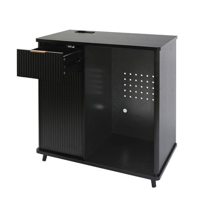 Fluted Coffee Bar Cabinet with Mini Fridge Space & Charging Station, Home Bar Cabinet with Hidden Trash Can Storage & Drawer for Kitchen, Dining Room or Living Room,Black