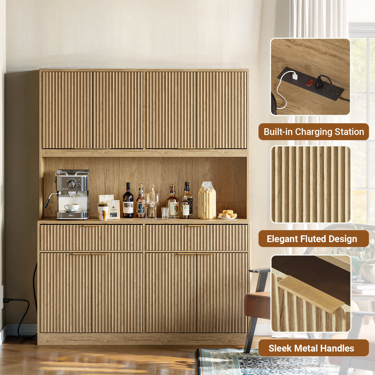 71" Tall Kitchen Pantry Cabinet with Power Outlet, Hollow Open Countertop, Modern Multi-Functional Storage Hutch Cabinet for Dining Room, Entryway and Living Room,Natural