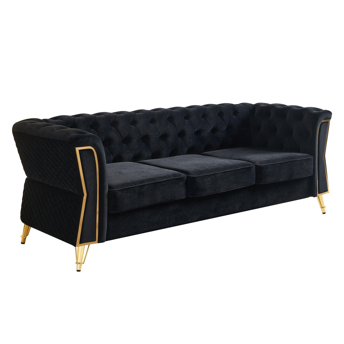 Modern Tufted Velvet Sofa 87.4 inch for Living Room Black Color
