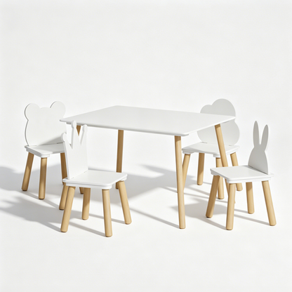 Big Kids Table and 4 Chairs Set, 5 Pieces Toddler Table and Chair Set, Wooden Activity Play Table Set (White)