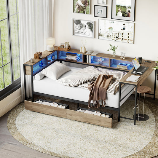 Corner Bed Frame Queen Size with Bookcase and 2 Underbed Storage Drawers, Modern Queen Bed with LED Light and Charging Station, Modern Daybed , Grey