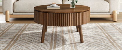 Modern Round Lift-Top Coffee Table with Half Flip-Top & Hidden Storage, Solid Wood Mid-Century Coffee Table with Fluted Design, 30.3' Walnut Space-Saving Center Table for Living Room