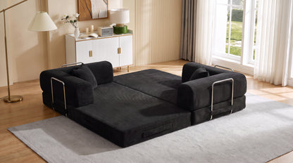 Convertible Sofa Bed, Folding Floor Couch Corduroy Fold Out Couch Bed Futon Sleeper Mattress with Pillows, Boneless Sofa for Living Room Bedroom,BLACK