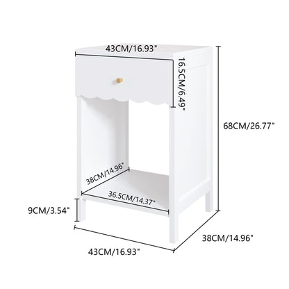 Modern White Nightstand with Drawer and Open Shelf,Scalloped Edge Bedside Table for Bedroom, Cute Minimalist Side Table for Kids Room or Girls' Room