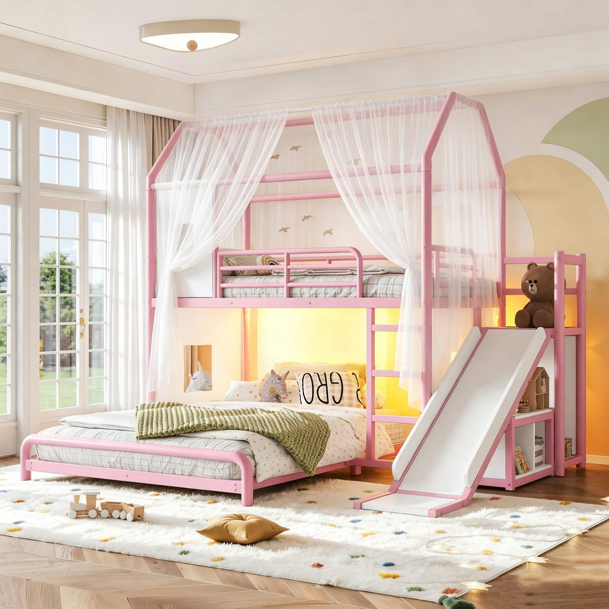 Twin over Full Playhouse Metal Bunk Bed with Slide & Ladder, House Shaped Bunk Bed with LED Light Strip, Privacy Curtain, Movable Storage Cabinet and Hanging Rod, Twin over Full Kids Bunk Bed , Pink