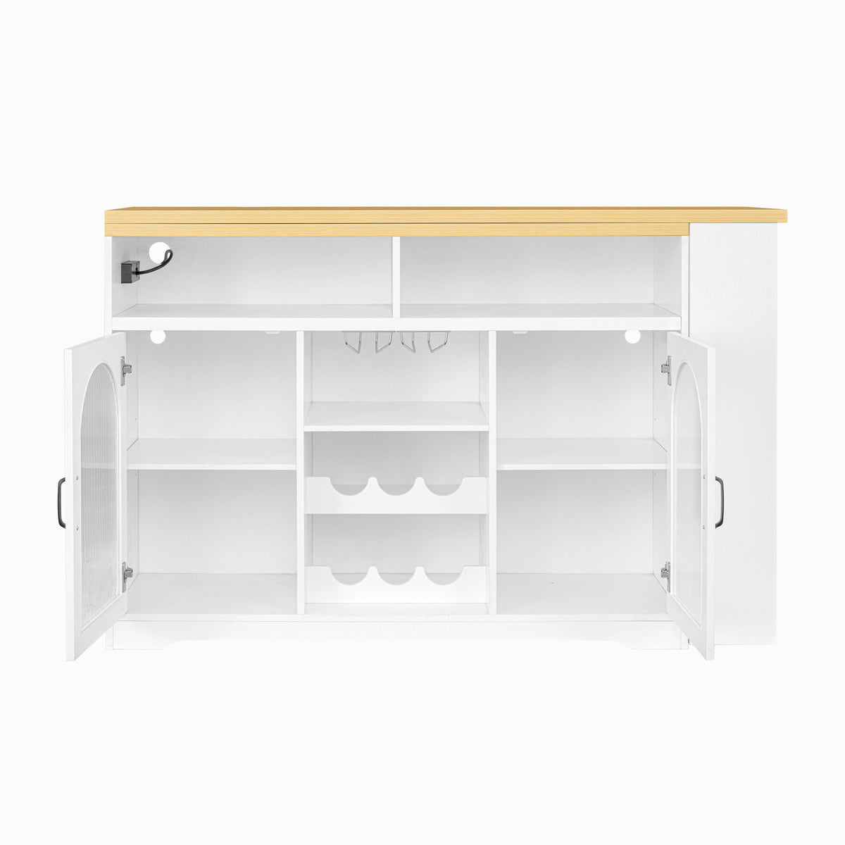 U_STYLE Sideboard with Extendable Tabletop and Wine Rack, Counter Height Bar Table with Color LED Lighting and Left-side Power Outlet, Mobile Farmhouse Wine Cabinet Cart on Wheels (Chairs Not Included