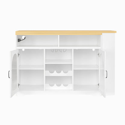 U_STYLE Sideboard with Extendable Tabletop and Wine Rack, Counter Height Bar Table with Color LED Lighting and Left-side Power Outlet, Mobile Farmhouse Wine Cabinet Cart on Wheels (Chairs Not Included