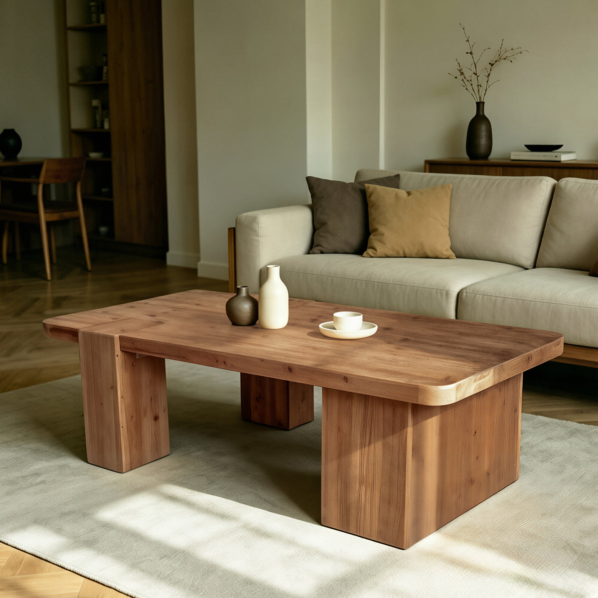 This coffee table with walnut color crafted from selected natural solid wood ,retaining natural wood grain,warm and rustic wood tones.