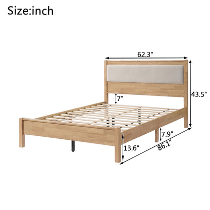 Queen Size, Solid Rubber Wooden Bed with Upholstered Headboard, Reinforced by Central Support Legs,Natural