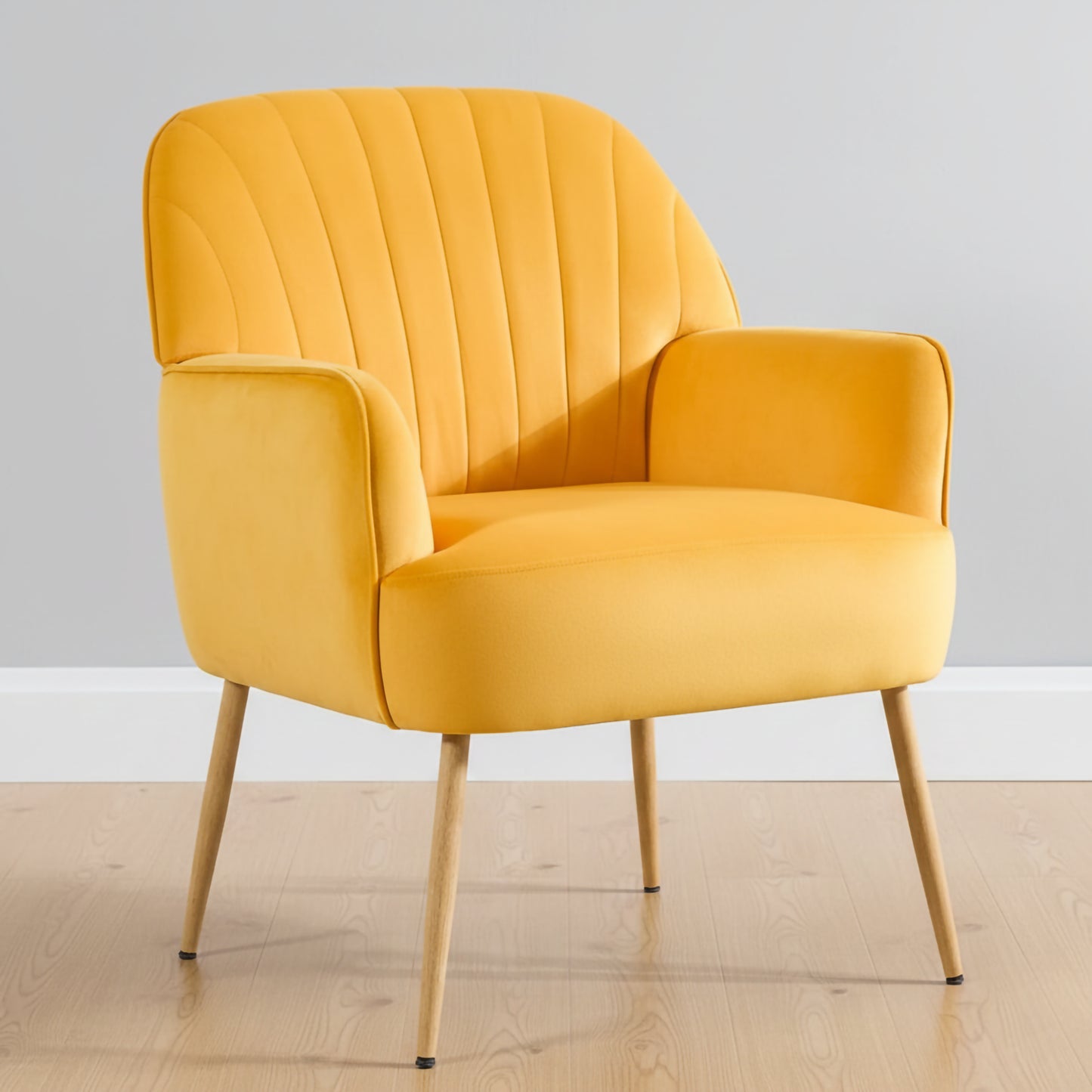 Modern Velvet Accent Chair, Luxury Upholstered Armchair with Metal Legs, Yellow Comfy Barrel Chair for Living Room, Bedroom, Office, Waiting Room, and Cafe
