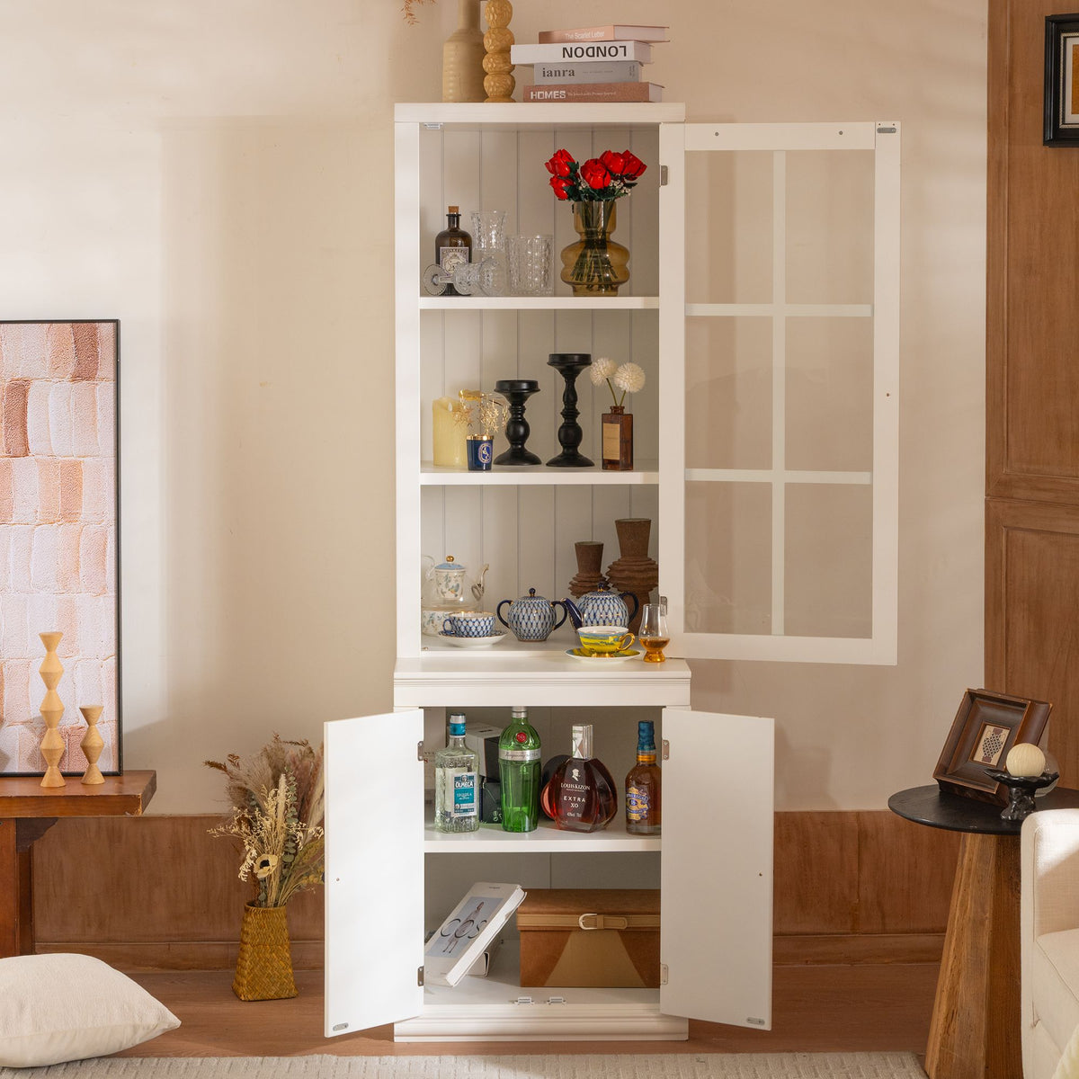 75.25'' Tall Freestanding Pantry Cabinet with Glass Door & Lattice Window, Farmhouse Display Cabinets with Storage, Hutch with Double-Action LH&RH Door, for Hallways, Livingroom Kitchen & Office,White