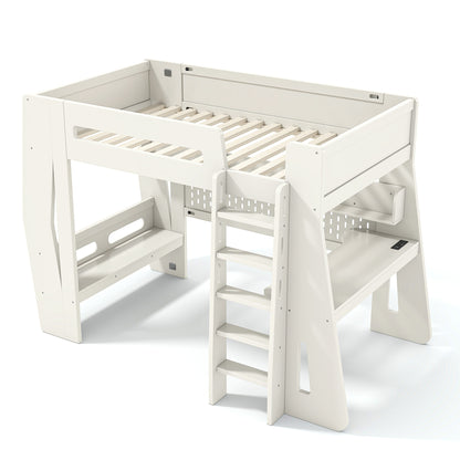 Twin/Full Size Gaming Loft Bed, All-in-One Gaming Bed with Desk, Gaming Bed with Storage, Gaming Loft Bed with Led Light, Esports Style Loft Bed Frame for Teens, Space Saving Loft bed.Beige