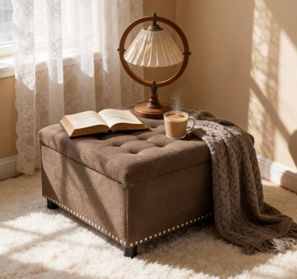Storage Ottoman, Tufted Footstool, Nailhead Trim Ottoman, Square Storage Ottoman, Upholstered Coffee Table, Bedroom Storage, Living Room Accent, Dark brown Ottoman, Small Space Furniture, Home Decor.