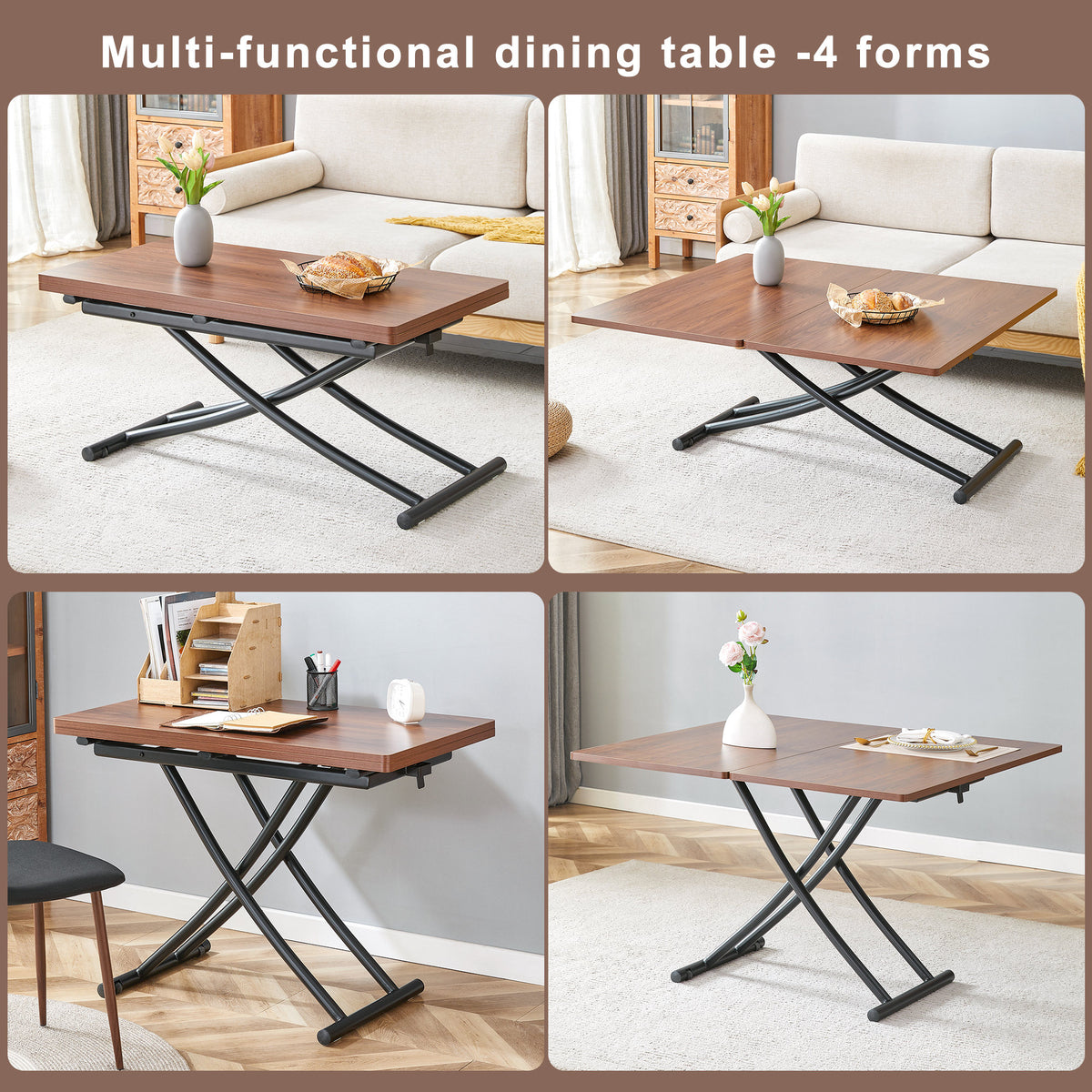 Modern minimalist multifunctional lift table with 0.8 inch thick MDF desktop and black metal legs, can be used as a dressing table, coffee table, dining table, and office table.Walnut textured desktop