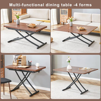 Modern minimalist multifunctional lift table with 0.8 inch thick MDF desktop and black metal legs, can be used as a dressing table, coffee table, dining table, and office table.Walnut textured desktop