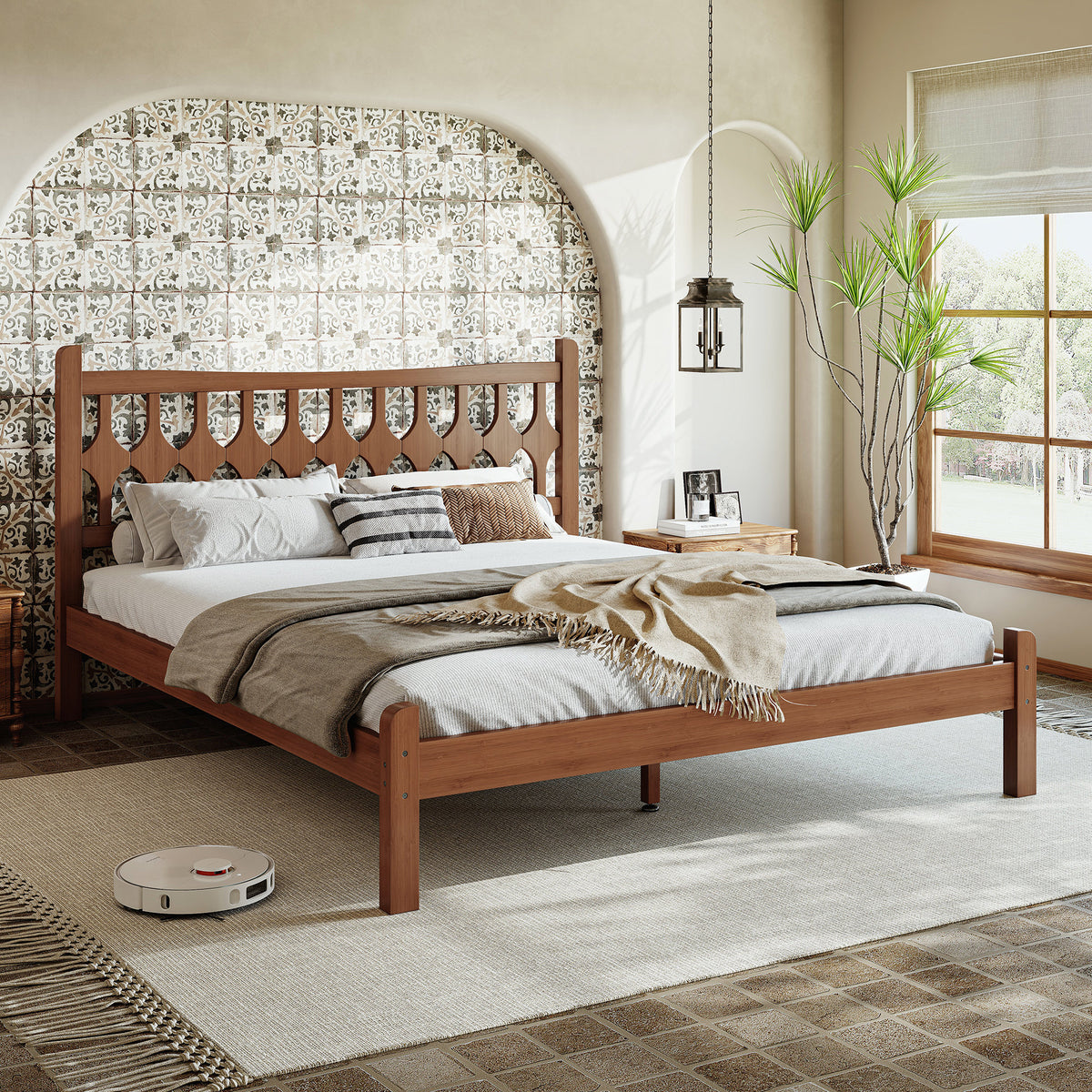 Queen Size Bamboo Platform Bed with Diamond-shaped headboard, Solid Bamboo-made Bed Frame with Support Slats, for Bedroom, Guest Rooms, Brown
