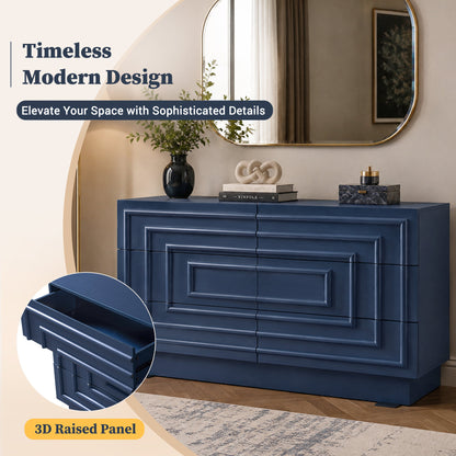 Mid Century 6-Drawer Dresser for Bedroom, 57.2" Wide Modern Push-to-Open Chest of Drawers, TV Stand for Living Room, Thickened Base,Vanity Desk, Drawers Organizer Furniture, Hallway,Deep Sea Blue