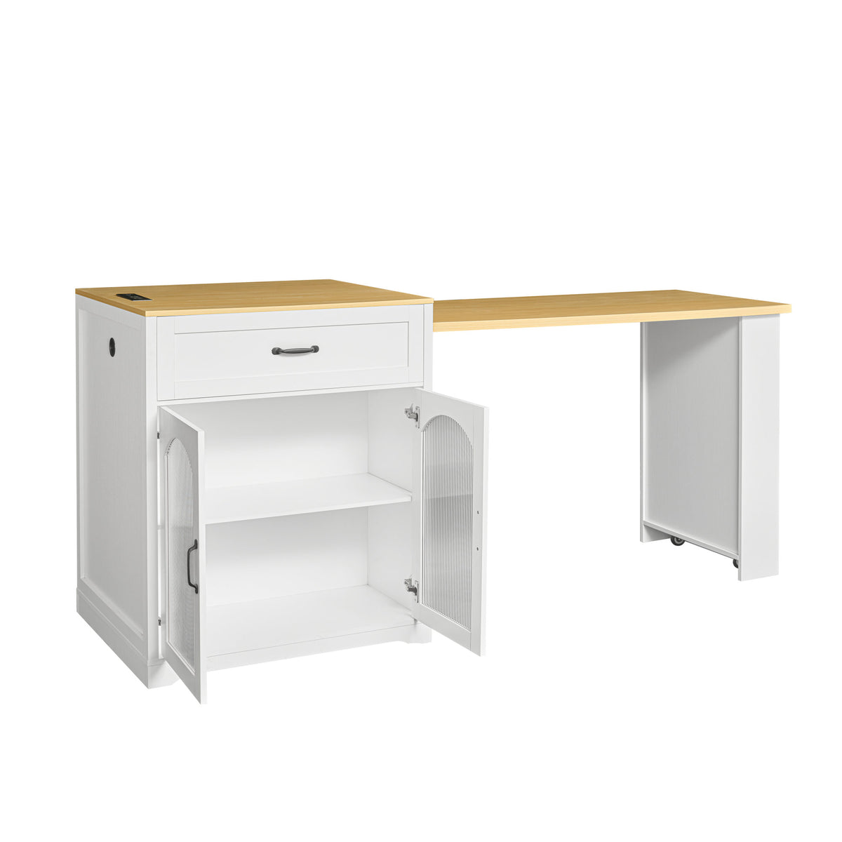 U_STYLE Extendable Counter Table with Wheels,Bar Table with Built-in Power Outlet,Farmhouse Wine Cabinet with Double-Sided Drawers,Suitable for Kitchen & Home Bar (Chairs Not Included)