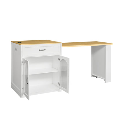 U_STYLE Extendable Counter Table with Wheels,Bar Table with Built-in Power Outlet,Farmhouse Wine Cabinet with Double-Sided Drawers,Suitable for Kitchen & Home Bar (Chairs Not Included)