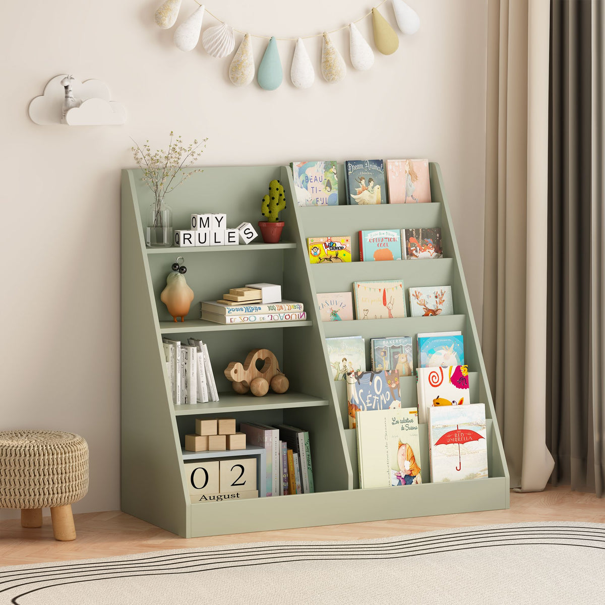 Kids Bookshelf and Toy Storage Organizer, Multifunctional 4 Tier Wooden Kids Book Shelf with  Bookcase Display Stand in Kids Room Playroom Nursery for Kids, Children, Toddlers (Sage)