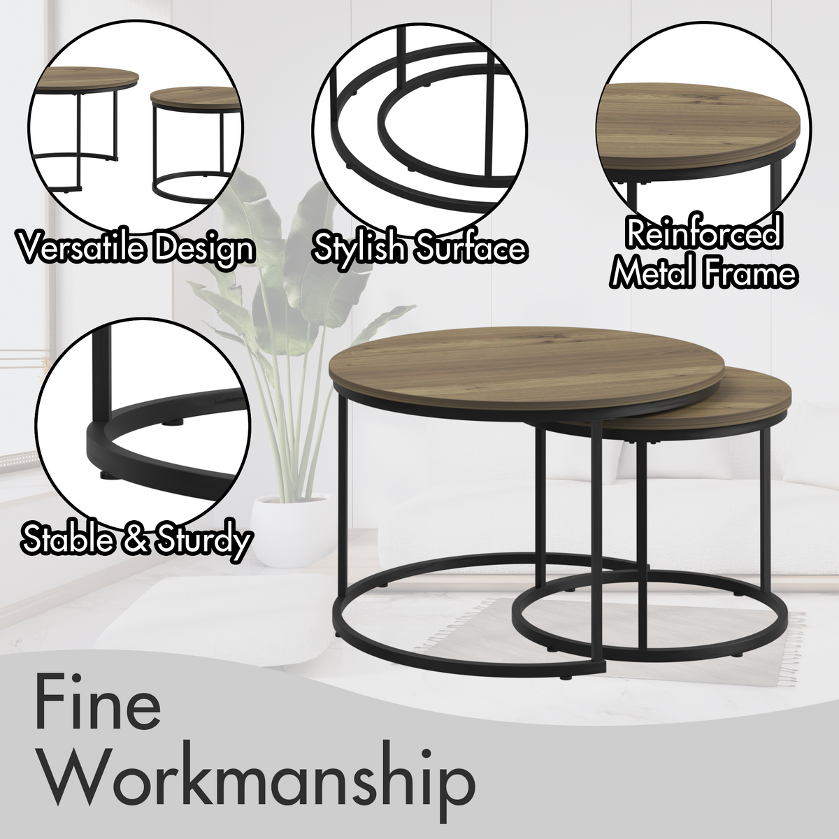 Nesting Coffee Table Set of 2, 27.6inch Round Industrial Wood Finish with Sturdy Metal Frame