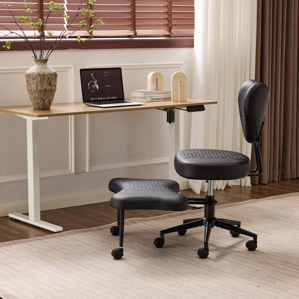 Meditation chair, an ergonomic cross-legged seating chair with lumbar support and a height-adjustable seat cushion, ideal for people engaged in high-intensity office work. Black