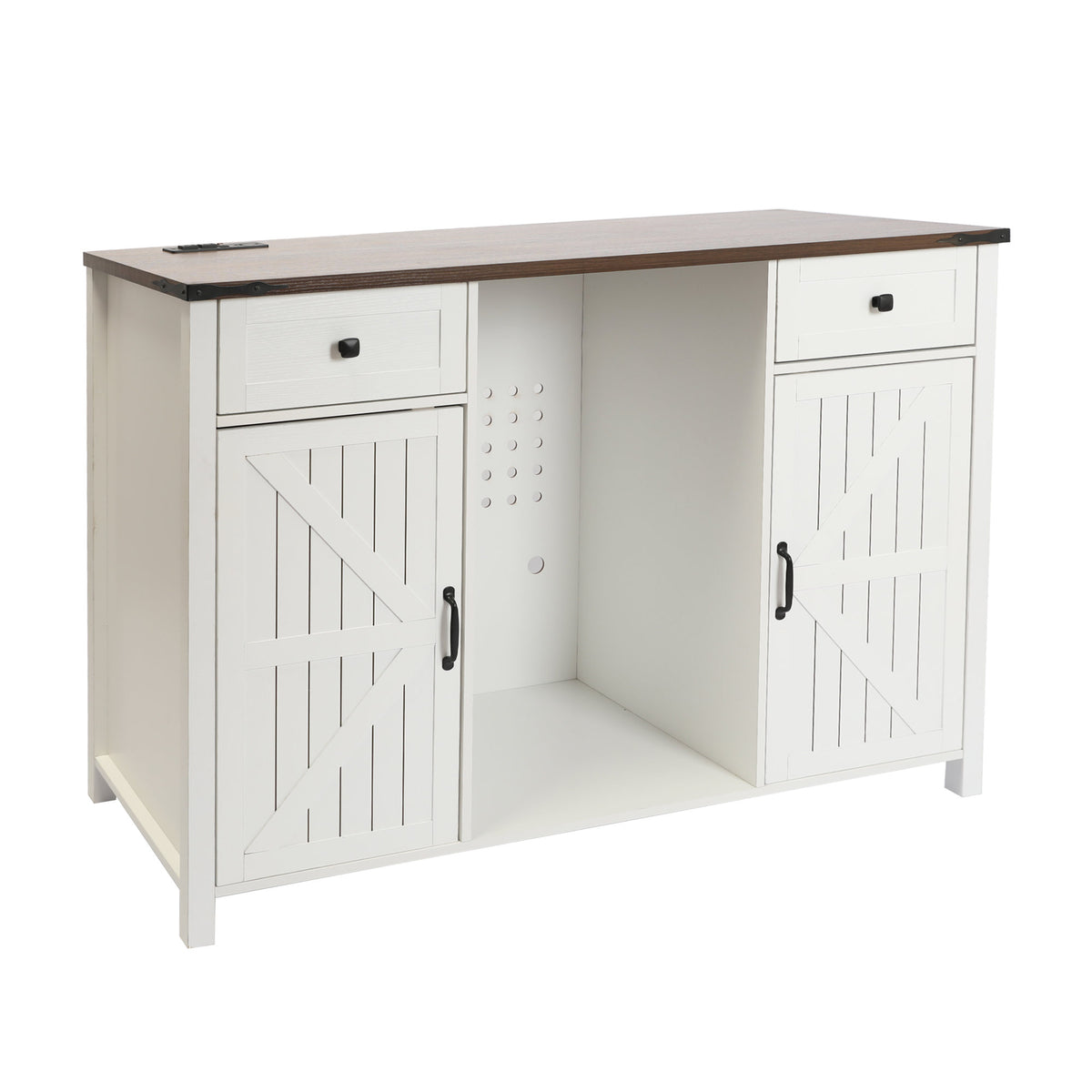 Farmhouse Coffee Bar with Mini Fridge Space & Built-in Charging Station,Large Bar Cabinet with Drawers & Adjustable Shelves for Kitchen, Dining Room, or Living Room, White