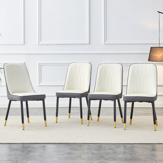 A modern dining chair with a white dark gray dual tone PU leather backrest and black metal legs, suitable for kitchens, bedrooms, and offices. A set of 4 pieces (white+dark gray+PU)C-007
