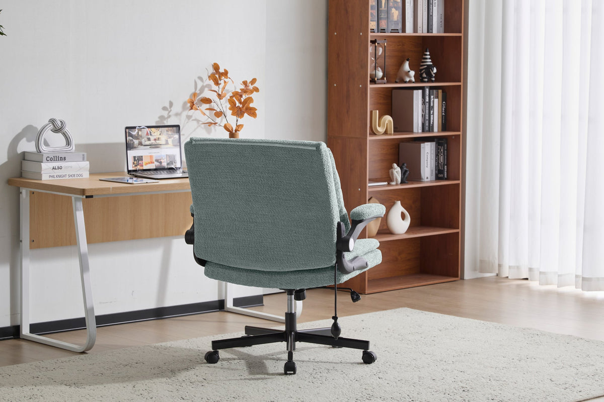 Criss Cross Legged Office Chair with Flip-Up Back Built-In Dynamic Airbag Lumbar Support, Wide Seat Desk Chair with Flip-Up Arms and Wheels, Modern Cross-Leg Chair for Home Office, Vanity, Light Green