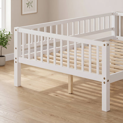 Full Size Daybed, 3-Sided Vertical Slat Guardrail Bed Frame, Breathable Wooden Slat Support Leisure Bed for Home Bedroom,White