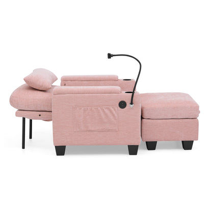 Single sofa recliner with manually adjustable backrest, USB charging port on the armrest side, phone stand included, hidden armrest storage, and a matching storage ottoman-Pink