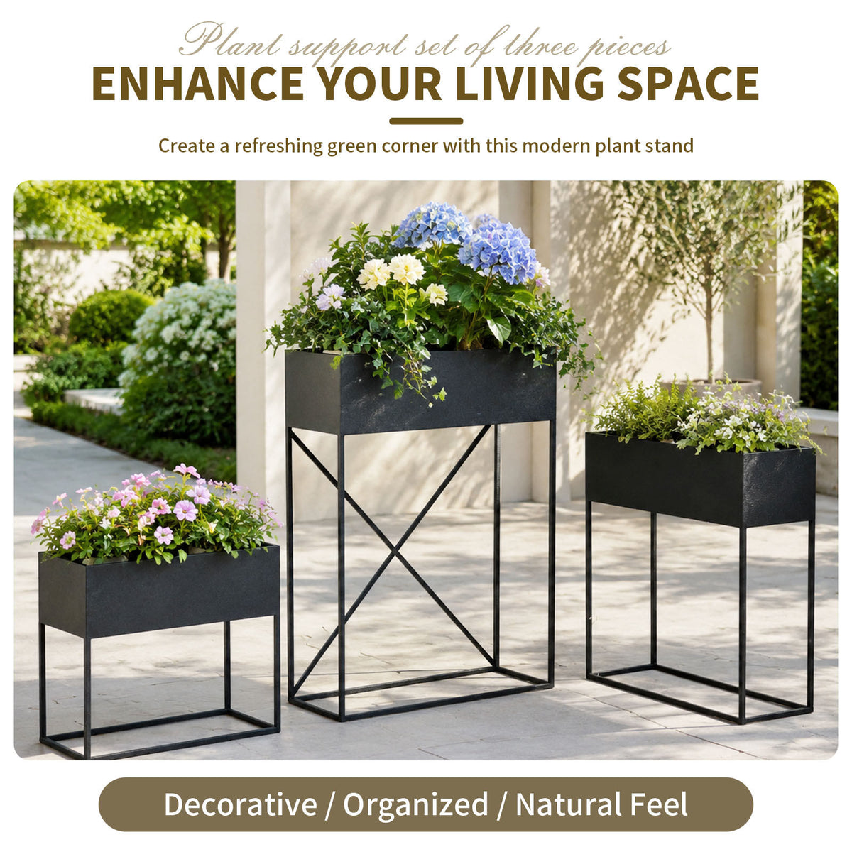 3‑Pack Pre‑Assembled Metal Raised Garden Bed Planter Stand with Non‑Woven Liner, UV‑Resistant Coated Elevated Flower Herb Planter Box, Modern Rectangular Plant Holder for Patio Balcony Backyard Indoor