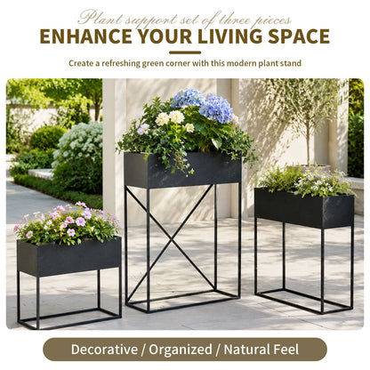 3‑Pack Pre‑Assembled Metal Raised Garden Bed Planter Stand with Non‑Woven Liner, UV‑Resistant Coated Elevated Flower Herb Planter Box, Modern Rectangular Plant Holder for Patio Balcony Backyard Indoor