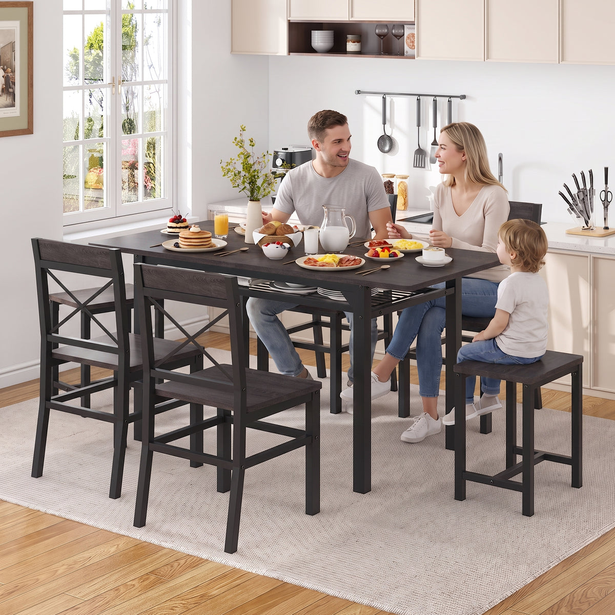 Dining Table Set for 6 with Storage Chairs, Wooden Kitchen Table Set, Farmhouse 5-Piece Dining Room Furniture, Compact Dinette Set for Small Space, Breakfast Nook, Apartment