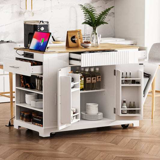 K&K Fluted Kitchen Island with Trash Can Storage Cabinet, Power Outlet, Internal Storage Rack – Model N707S221571W