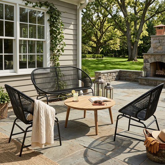 Nusa Outdoor Patio 4-PCS Chat Set, Blck PE Rattan & Iron Fram Furniture, Acacia Wood Table